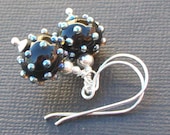 lampwork glass earrings  black and silver bumpy beads- silver bling