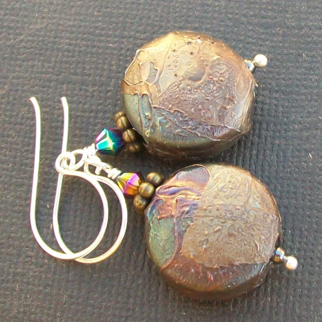 lampwork earrings artisan metallic wrapped tab shaped glass beads- wrapt