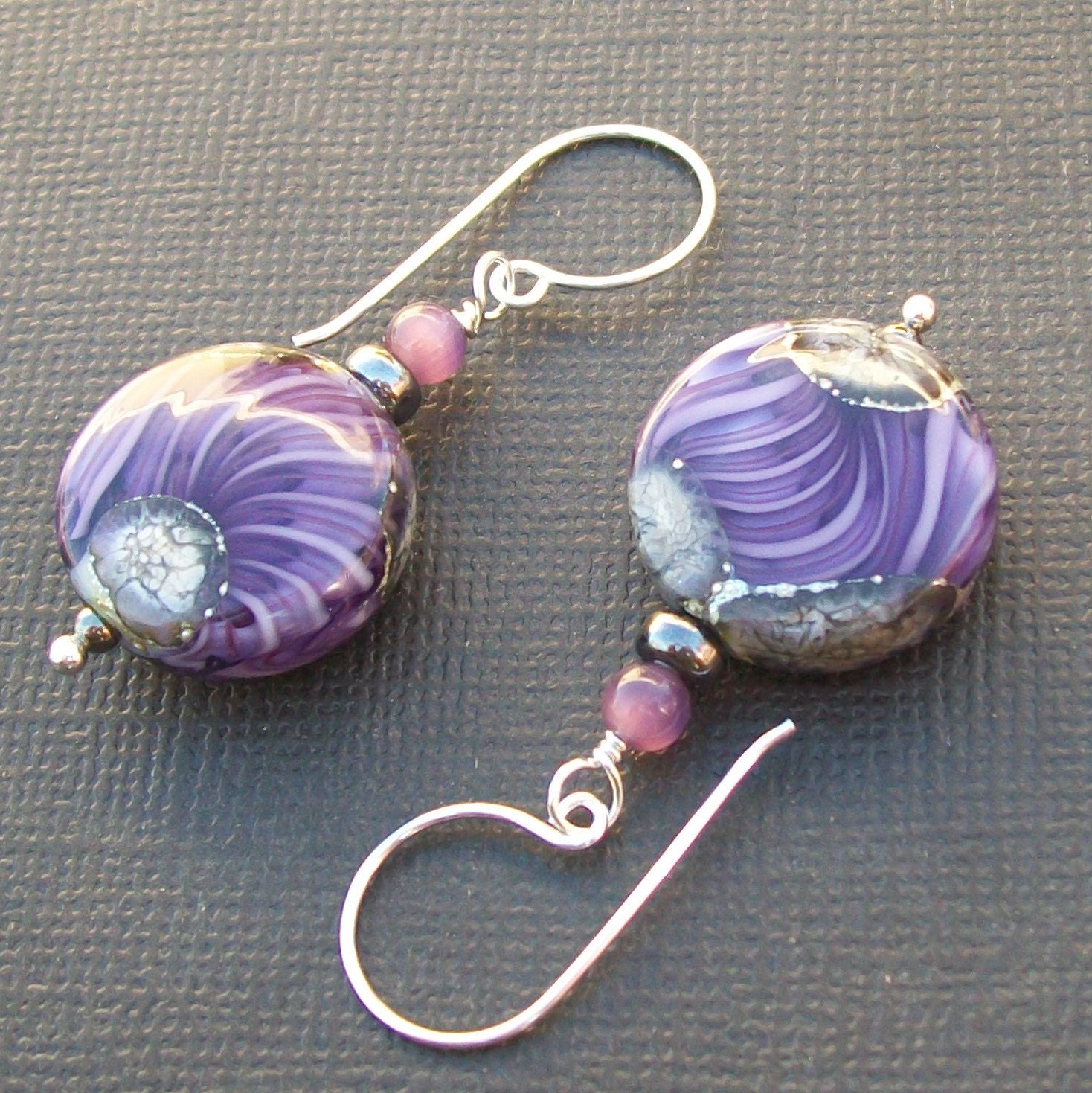 lampwork earrings gorgeous lavender ivory silvered glass beads- lavender simplicity