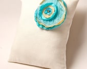 Turquoise Big Blossom on Linen Pillow 14"