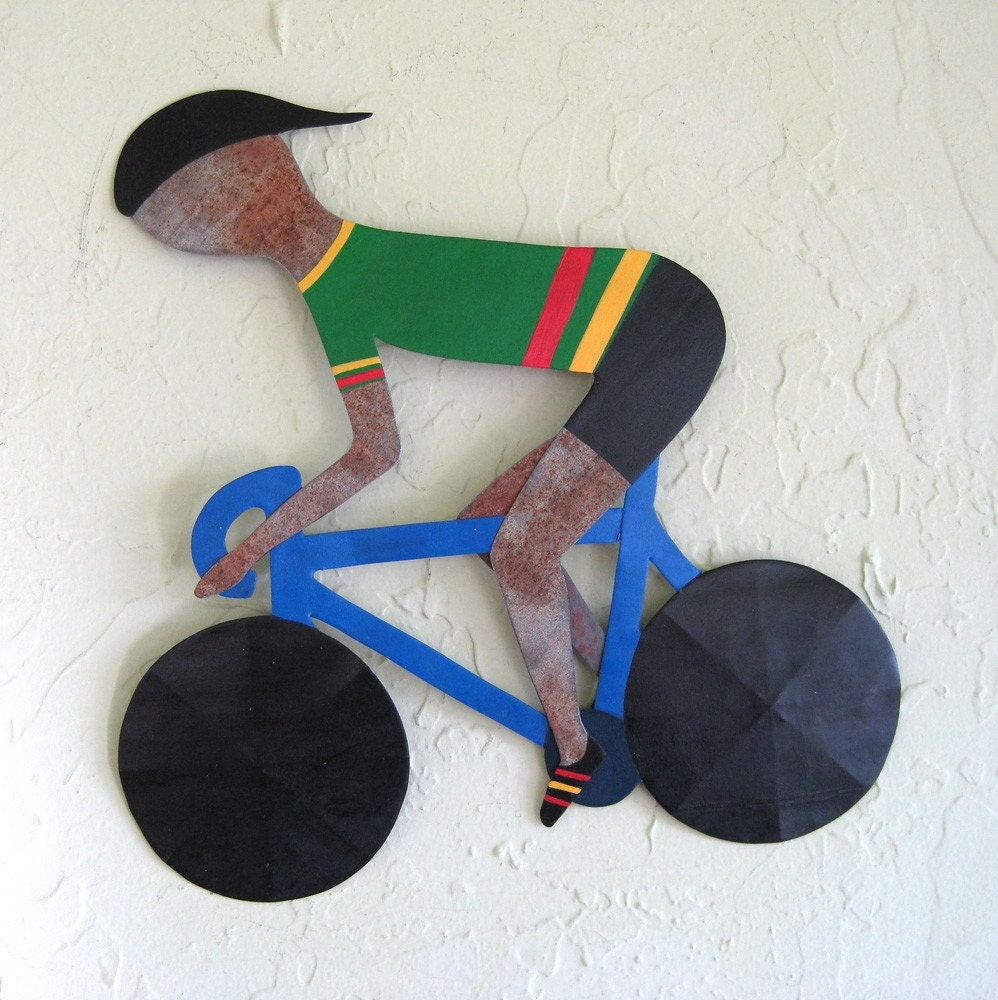 Cyclist - Handmade Recycled - Metal Wall Sculpture - Signed Original Painted Art