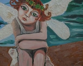 Thoughtful angel -10x18 inches on wooden board-original mixed media
