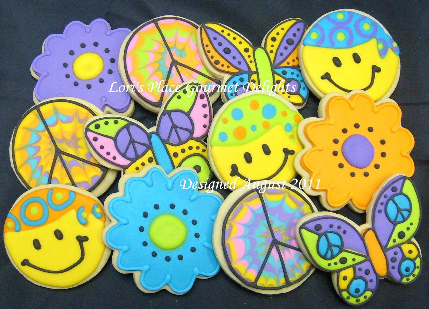 COOL Cookies - Peace Sign Cookies - Smiley Face Cookies - Butterfly Cookies - Flower Cookies - 12 Cookies