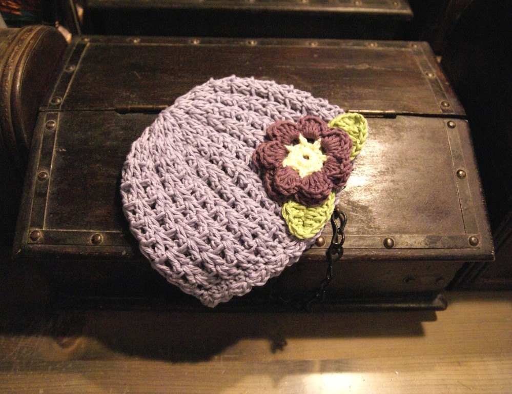 3-6 Months Bilberry crochet baby hat with flower and leaves from very soft Organic Cotton Yarn