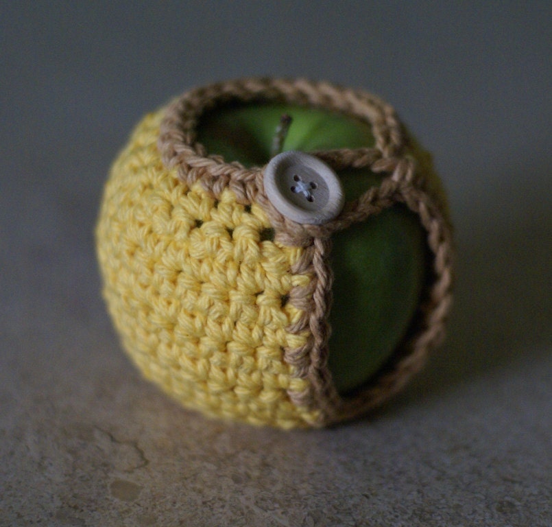 Handmade Crocheted Apple Cozy in Yellow and Mocha