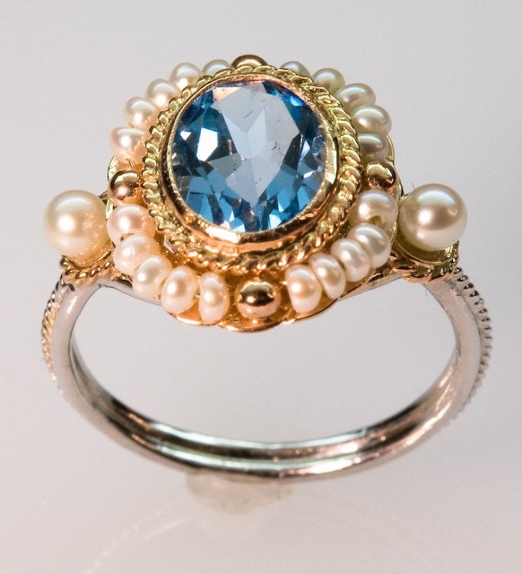 Blue Topaz and Pearl Ring - in 14K Gold