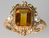 Yellow Topaz, Pearl and Diamond Ring - in 14K Gold