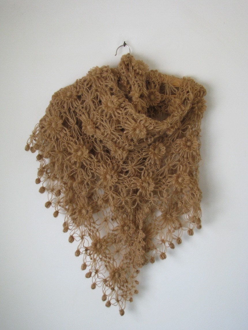 Caramel Flowered Triangle Mohair Shawl