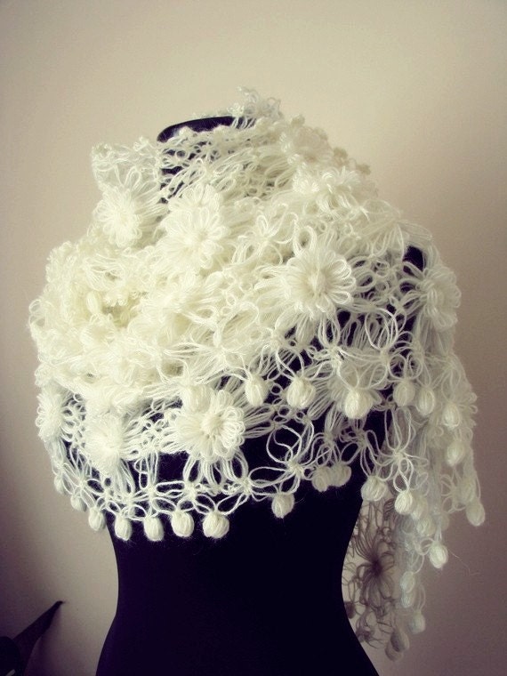 Ivory Flowered Mohair Triangle Shawl