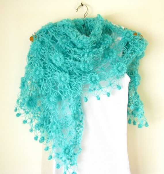 Turquoise Green Flowered Shawl