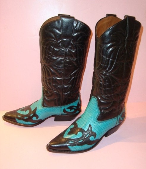 CRAZY HEART COUNTRY COWGIRL Turquoise n Black LEATHER VTG 80s CUT OUT WESTERN BOOTS pristine