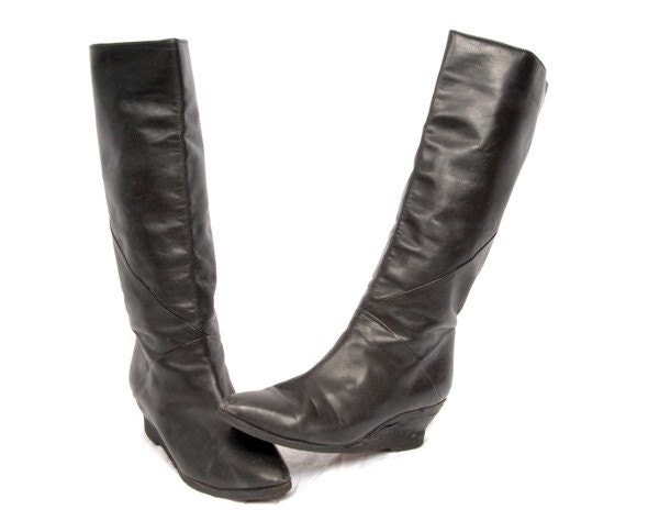 Vintage, pirate, boots, black, leather, wedge, pixie, 7, 1/2, 7.5, platform, high, tall, dominatrix, couture, steampunk, steam, avant, garde