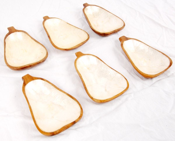 Vintage, wood, pear, dishes, plates, Philippines, shell, white, inlay, carved, retro, set, Danish, mid, century