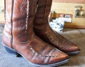 vintage, brown, leather, 10, mens, boots, sole, embroidered, western, piping, black, cowboy, rockabilly, USA, hand, woven, lined