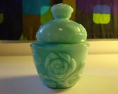 Vintage, milk, glass, powder, avon, rose, design, jar, shaker, container, jade, green, makeup,