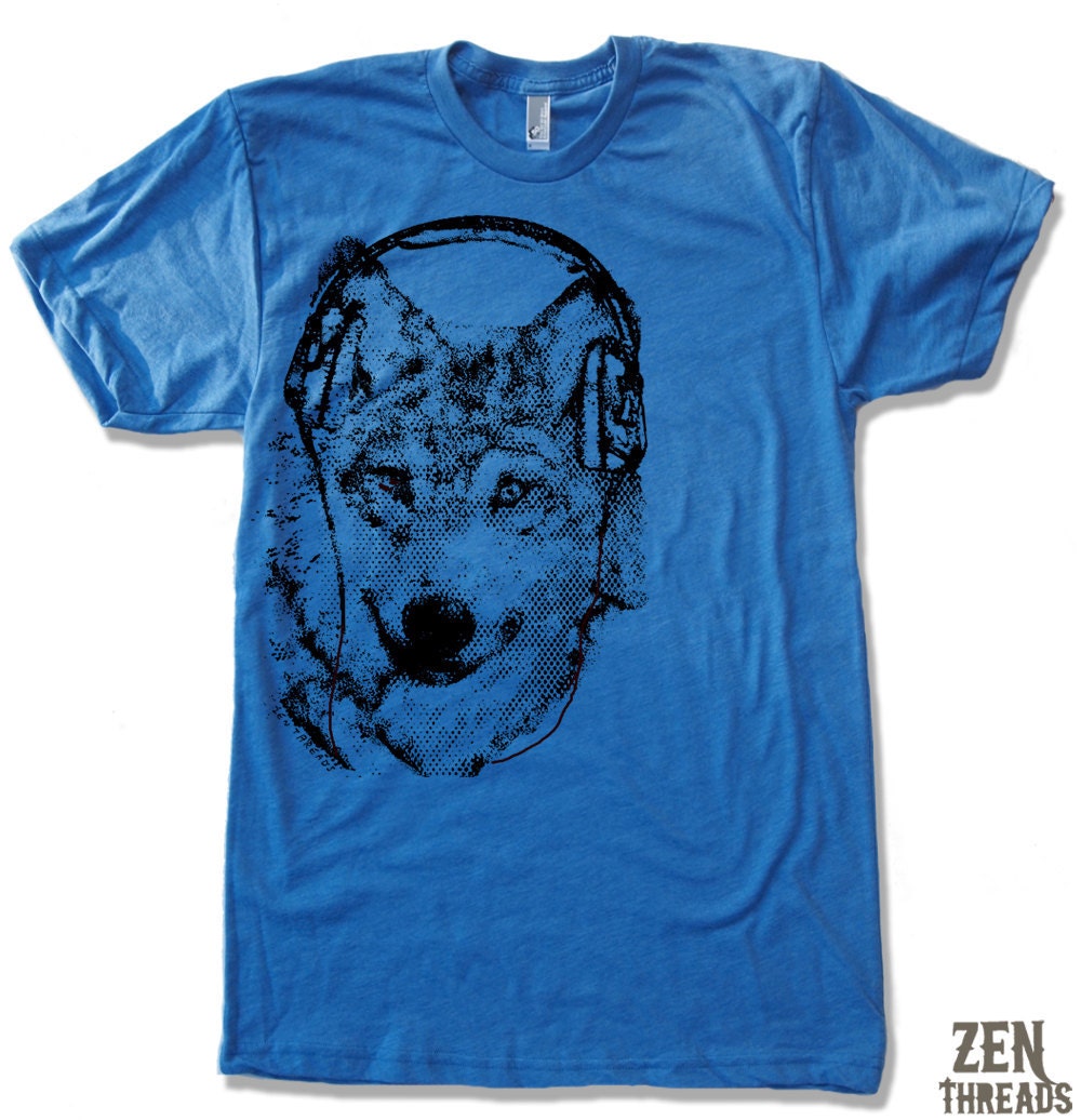 Men's WOLF (in Headphones) t shirt american apparel S M L XL (17 Color Options)