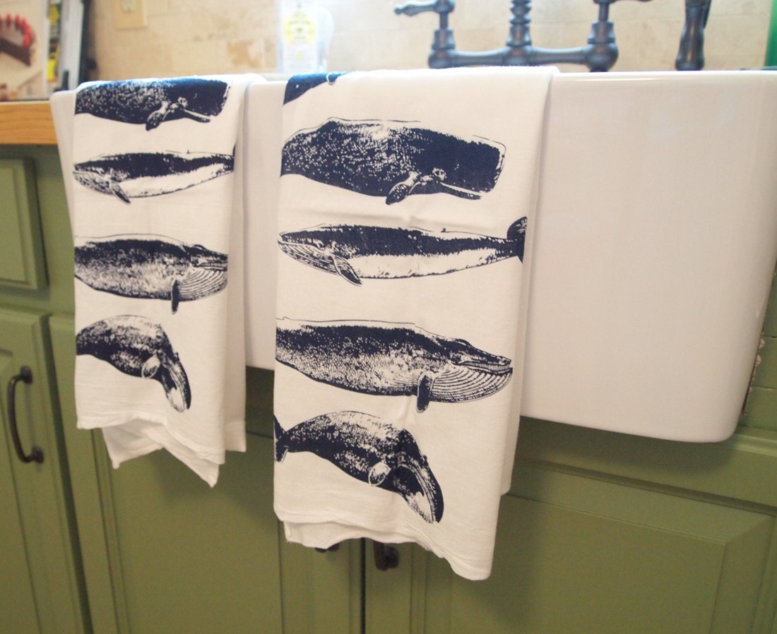 Set of 2 Kitchen Towels - WHALES Flour Sack Bar Towels - Renewable Natural Cotton