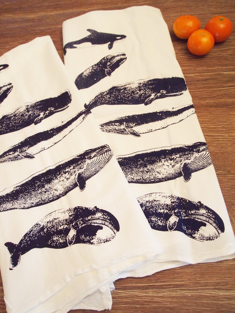 Set of 2 Kitchen Towels - WHALES Flour Sack Bar Towels - Renewable Natural Cotton