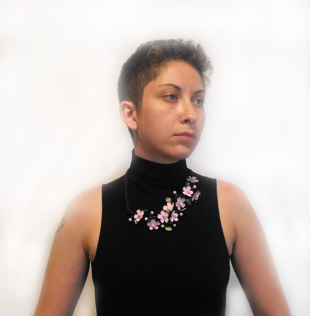Flowers statement leather necklace sakura blossom