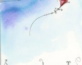 Red Kite Soaring Over Town Colorful Watercolor Painting