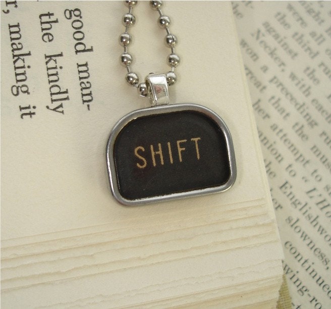 SHIFT - Vintage Typewriter Key Pendant Necklace - Large Black Royal Gumdrop Shaped Function Key with Simple Sans-Serif Font - More Designs Available at PreciousPastimes - SRAJD