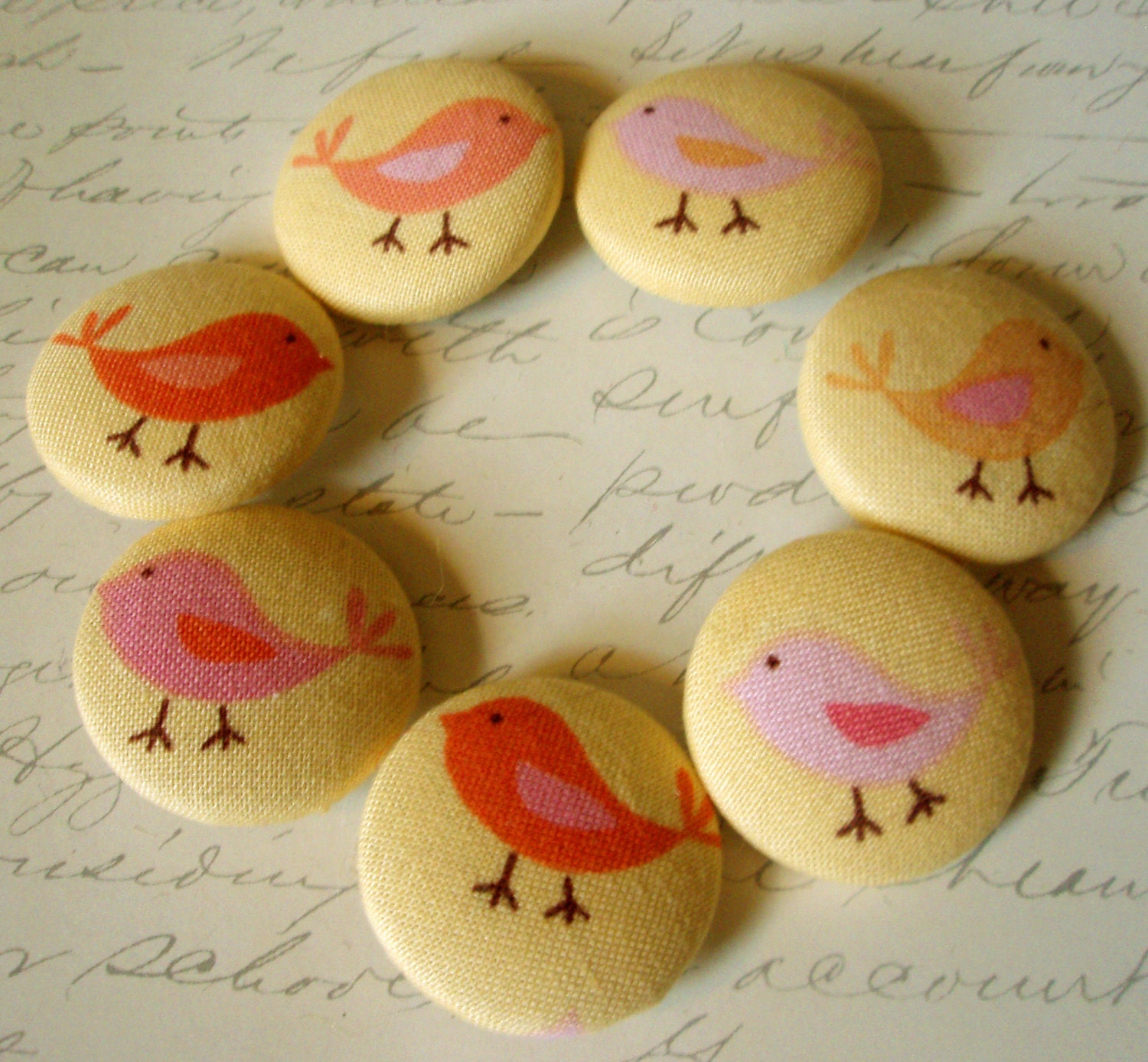 Buttons - Little Bird Fabric-Covered Buttons -- Set 2 of 2 - Fabric-Covered Buttons - Covered Buttons - Fabric Animal Buttons