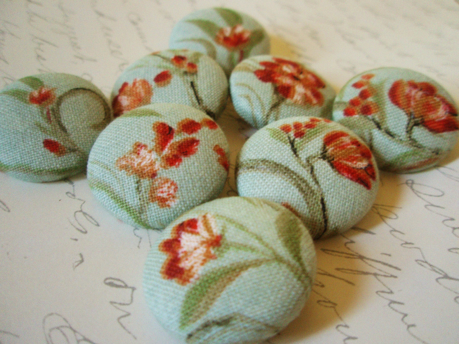 Buttons - Vintage-Inspired Sea Green and Orange Red Romantic Floral Fabric-Covered Shanked or Flat-Backed Buttons