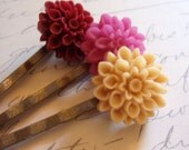 Sale - Hair Pins - Warm Set - Red Pink and Ivory Resin Flower Floral Bobby Pins - Antiqued Brass