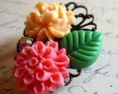 Brooch - Resin Flower Leaf and Swarovski Crystal Pin - Antiqued Brass Filigree Colorful Assemblage Brooch