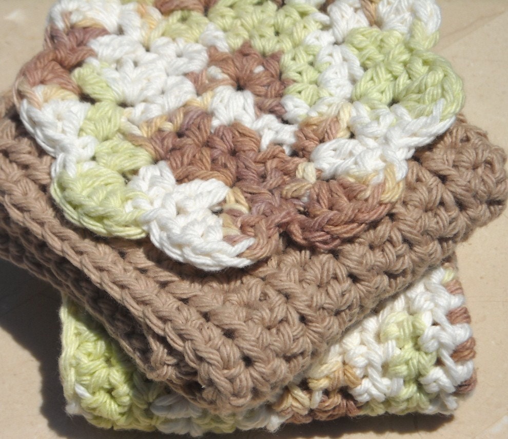 Kitchen dishcloth set crochet cotton spring green taupe coffee handmade