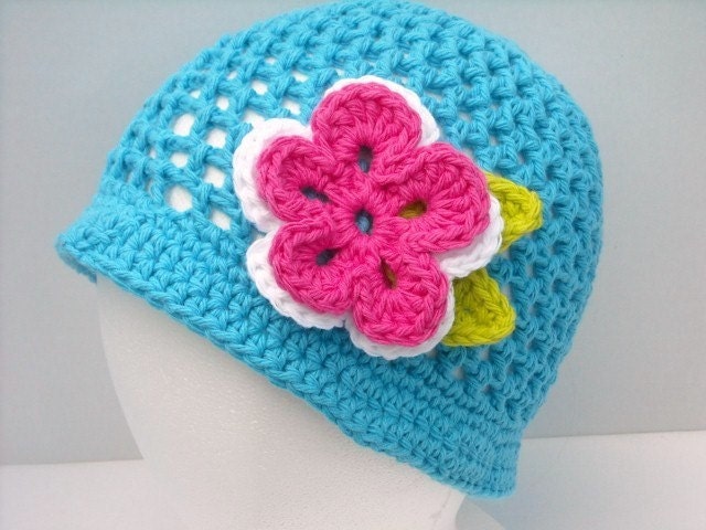 Crochet Summer Hat Beanie Any Size Colors with Flowers Handmade Bright Blue Beanie Hat