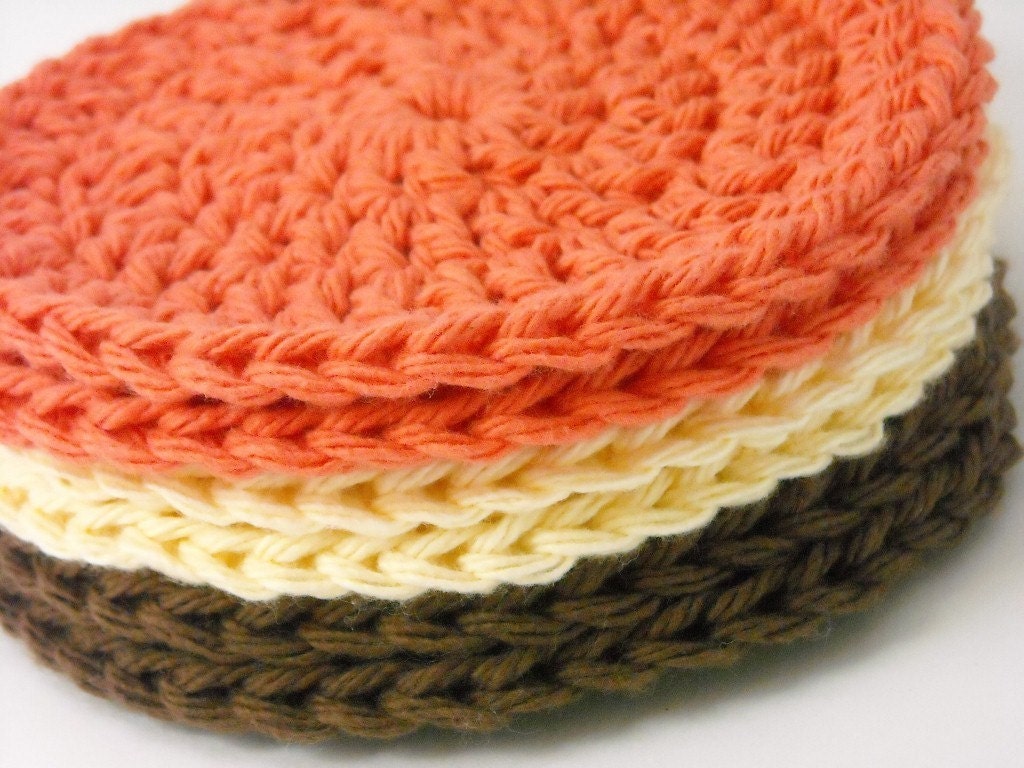 Coaster Set Crochet Absorbent Cotton Chocolate Brown, Bright Orange, Cream Set of 6 Handmade