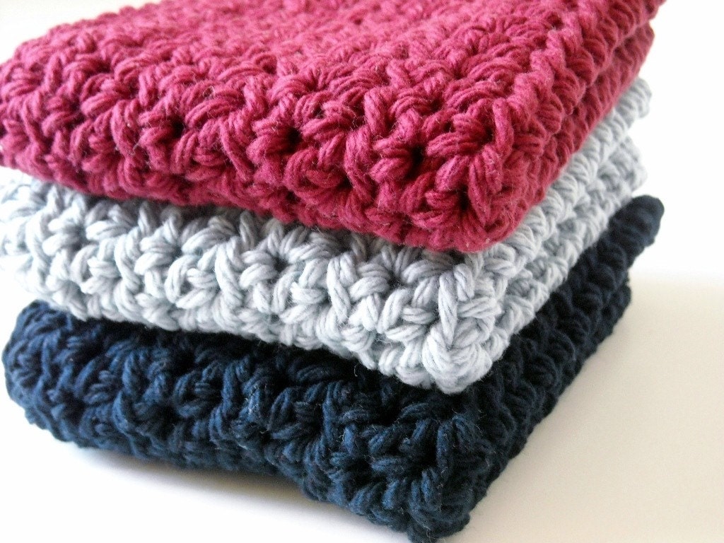 Kitchen Dishcloths Washcloths Crochet  Cotton  Navy Blue, Burgundy, Gray  Set of 3 Durable Handmade