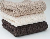 Crochet Kitchen Dishcloths Cotton Washcloths Chocolate Brown, Taupe & Cream Set of 3 Handmade
