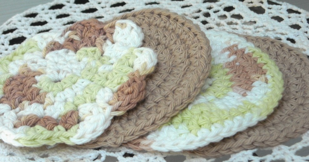 Crochet Coaster Set of 4 Absorbant Cotton Spring Green, Taupe and White