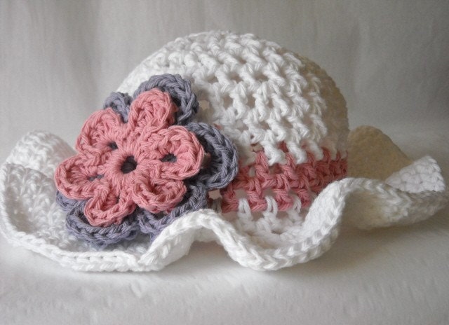 Crochet Floppy Brim Hat in White with Flowers Baby, Toddler, Teen, Adult