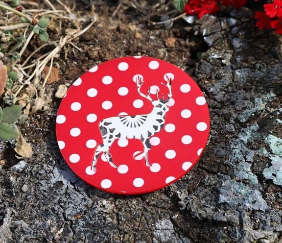 Lot of 2 plexi acrylic deer red polka dots and doily silhouette coasters