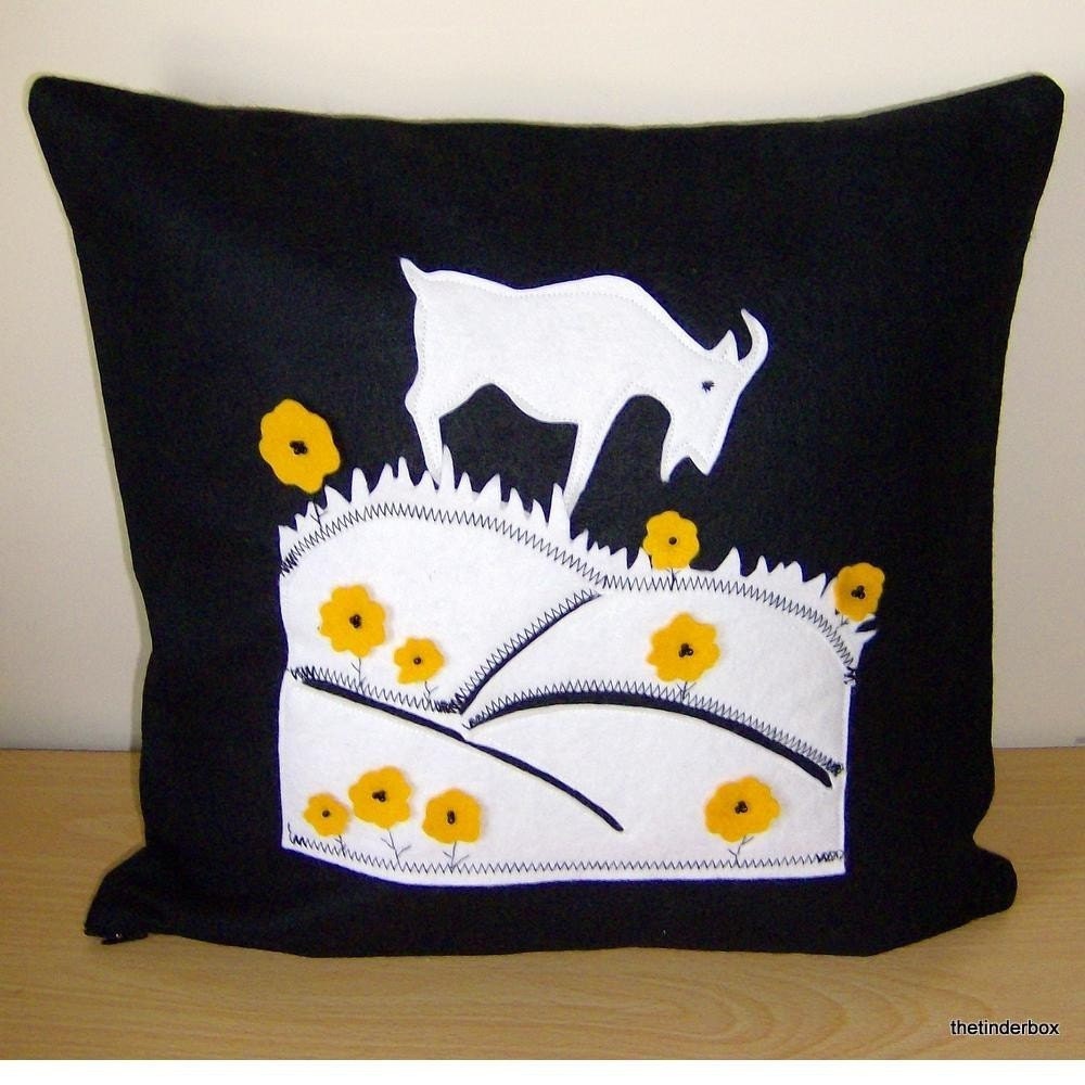 Goat on a hillside Folk Art Felt Pillow