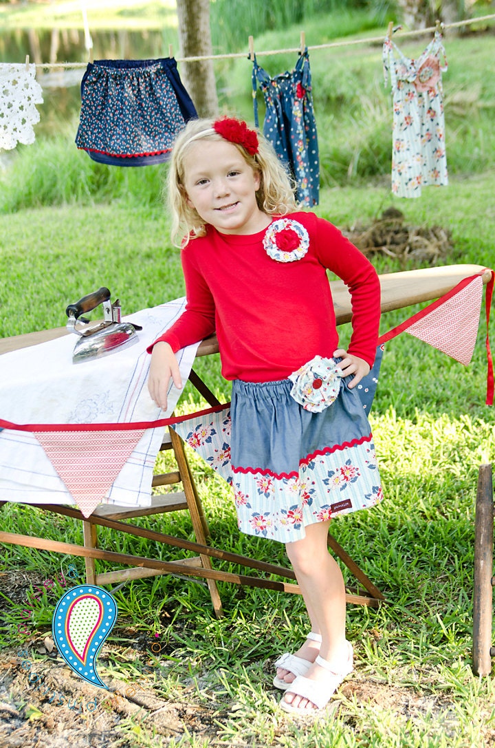 The Delainey Vintage Floral Collection.... Chambray and Foral Twirl Skirt..... handmade childrens clothing by laken and lila