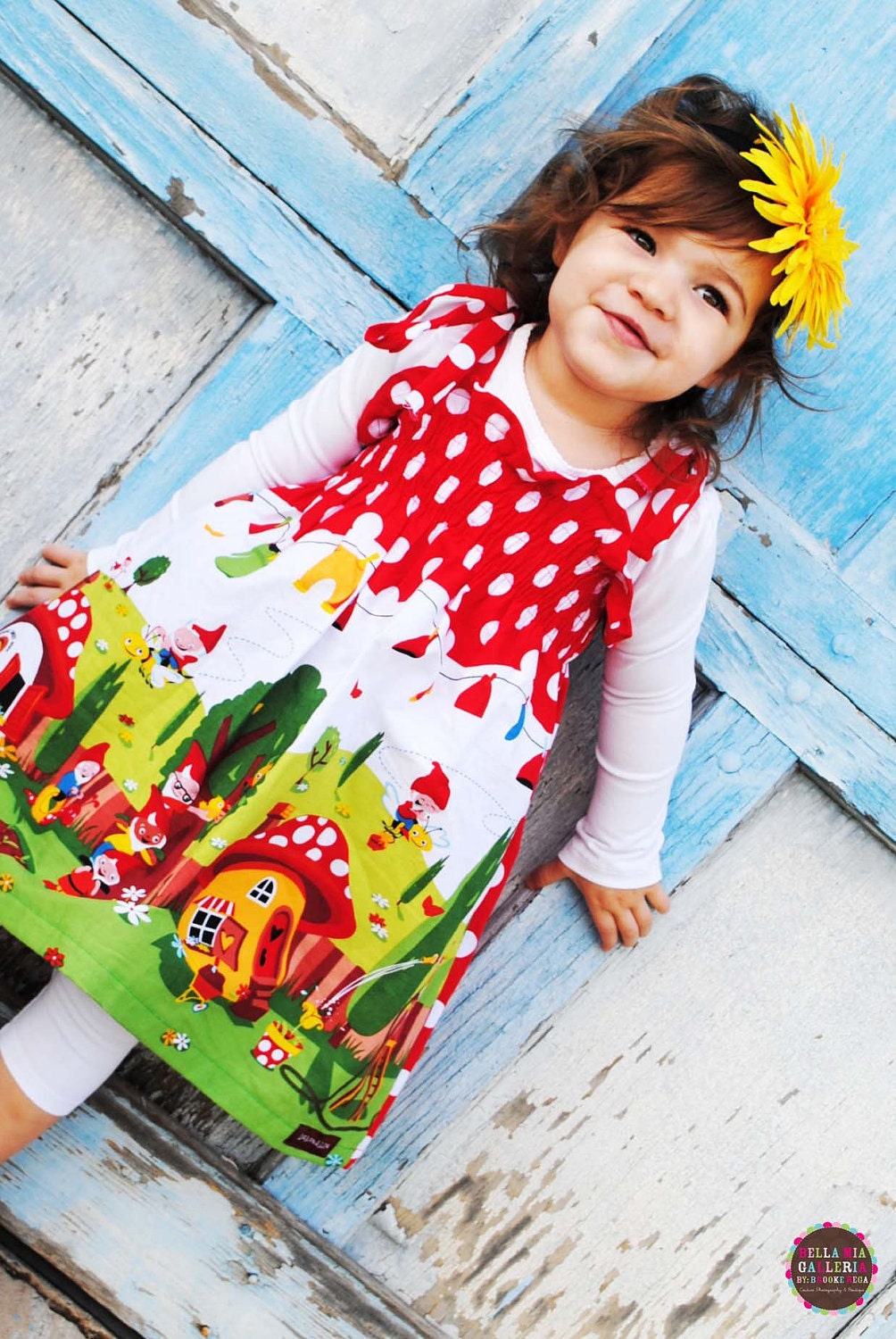 The Gnome Smocked Dress........ Gnomeo and Juliet Inspired...cute little gnomes...eco-friendly..sustainable fashion
