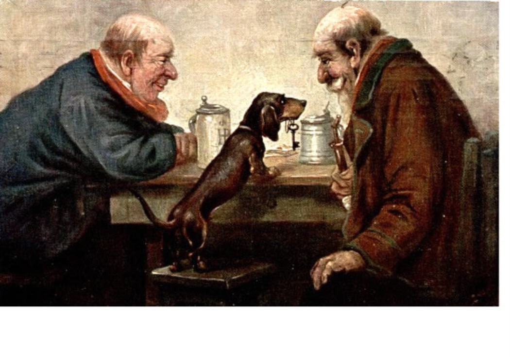 Dachshund Dog and Old Men in Tavern Last Call Note Card s Beer Drinking Beer Steins German Doxie Keys