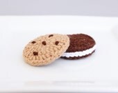 crochet cookies play food set of two, chocolate chip and chocolate sandwich cookie