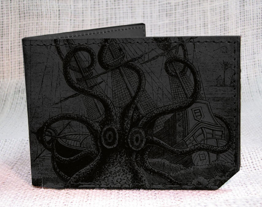 Leather wallet - cash and card wallet - grey octopus attacks - 001