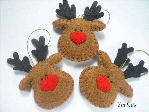 Rudolph the red nose reindeer - felt Christmas ornament - handmade decorations - Set of 3