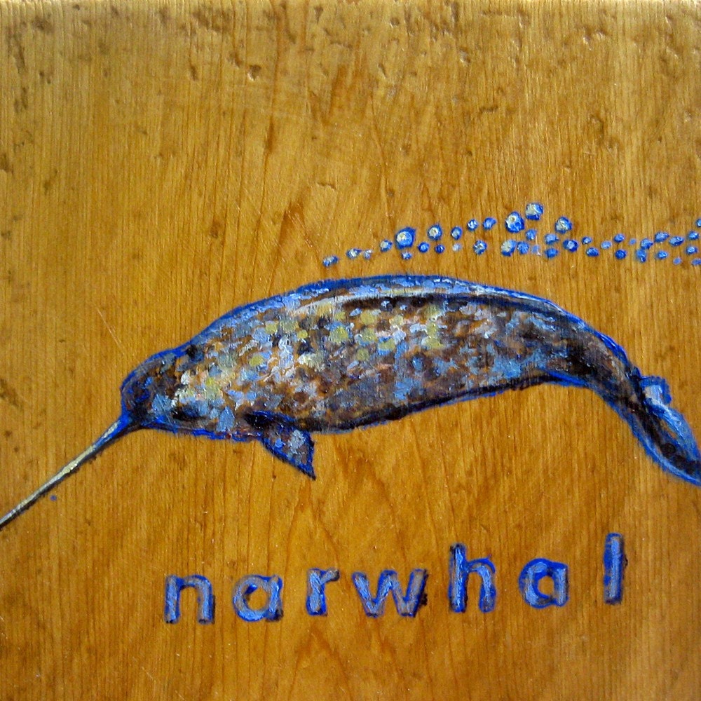 Narwhal -- blue on wood -- original painting
