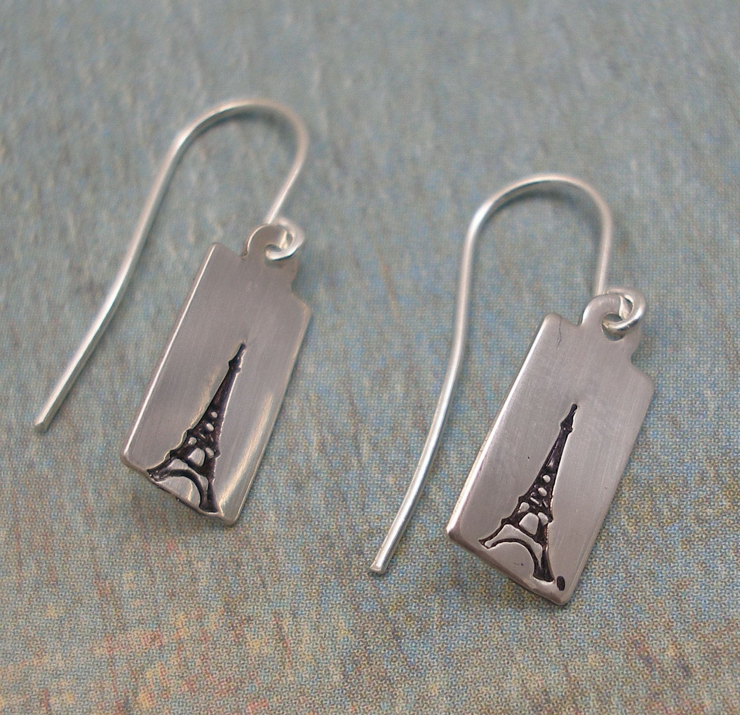 EIFFEL TOWER - Hand Stamped Earrings - Sterling Silver Drop Earrings - Dangle Earrings