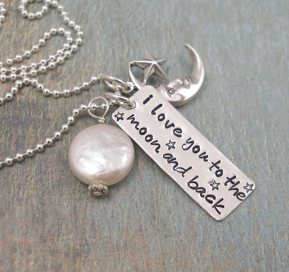 To the Moon and Back - Hand Stamped Necklace - Sterling Silver - Coin Pearl - Moon Charm