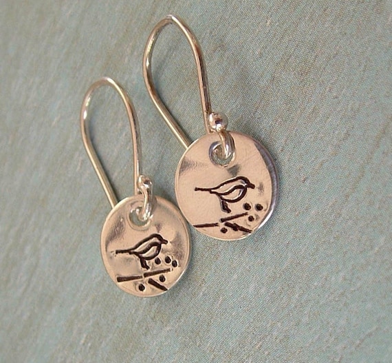 BIRDS ON A BRANCH.... Hand Stamped Earrings - Sterling Silver Dangle Earrings - Personalized Jewelry