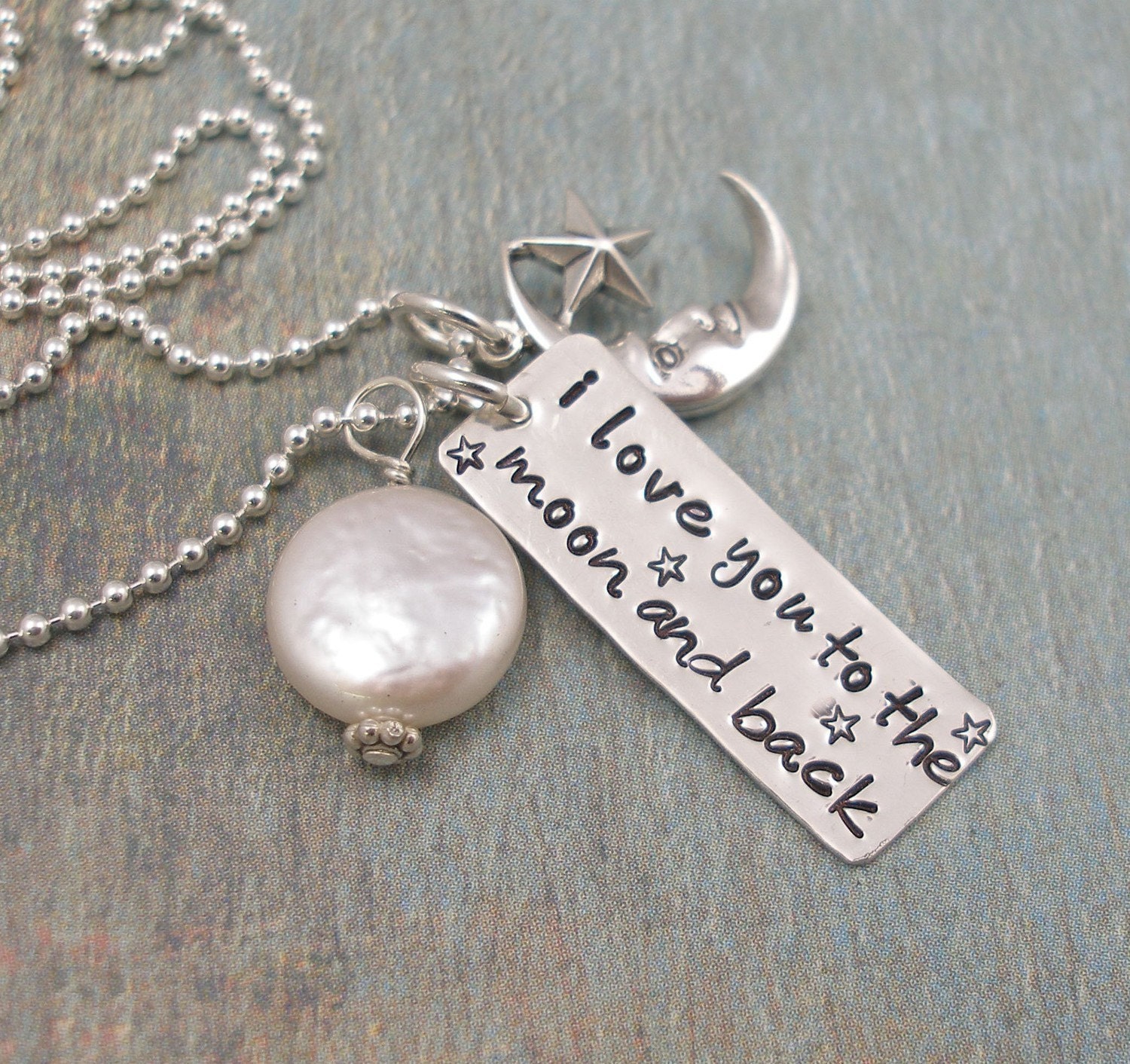To the Moon and Back - Hand Stamped Necklace - Sterling Silver - Coin Pearl - Moon Charm