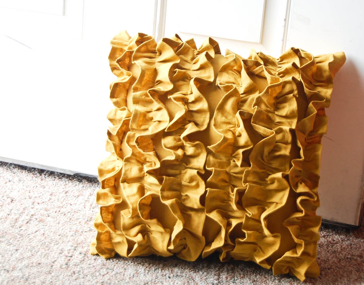 Ruffles Pillow in Mustard Yellow Linen  15"